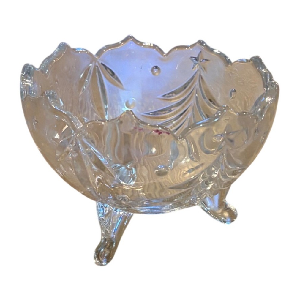 Vintage Heavy Cut Crystal 3 Footed Christmas Tree Star Candy Dish Bowl 5 7/8"